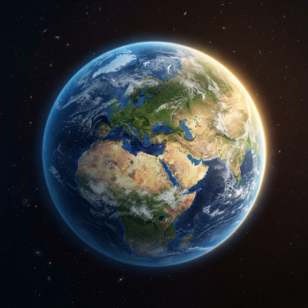 A lush, abundant planet Earth viewed from space, glowing with a warm golden atmosphere